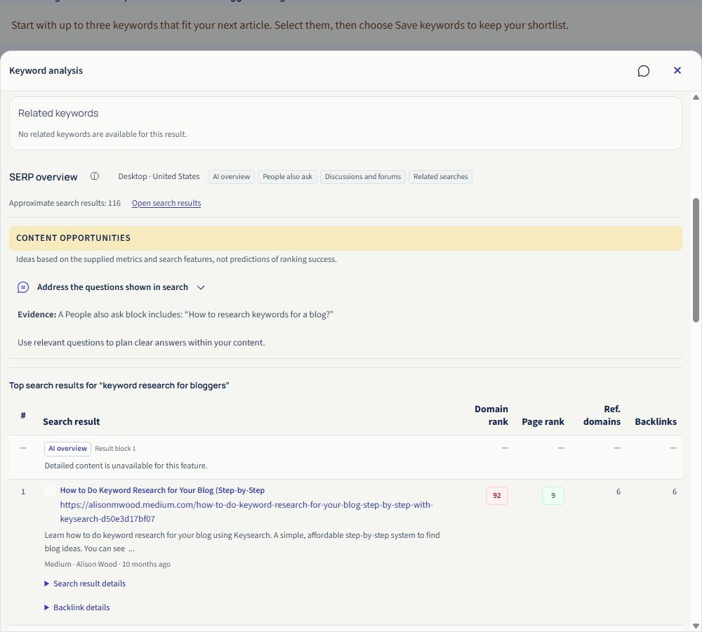 Expanded Address the questions shown in search opportunity, with its evidence and suggested action.