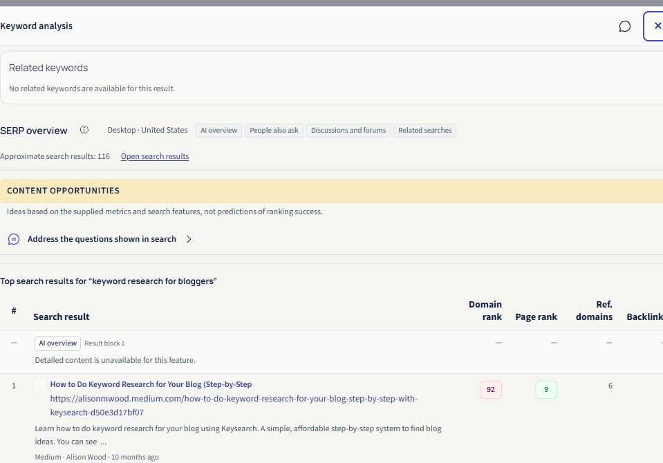 SearchCub SERP overview showing organic page links and search-feature rows.