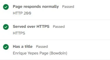 Page checks showing Passed and HTTP 200 for the retired Bowdoin guide, with HTTPS and its HTML title