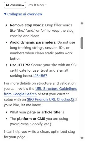 The retained AI Overview resource paragraph with separate Google URL-guidance and SEOptimer checker links