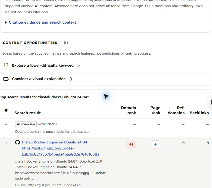 SERP overview for install docker ubuntu 24.04: Content opportunities, then an AI overview row and a GitHub gist in first place.