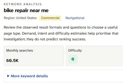 SearchCub keyword analysis for bike repair near me in the United States, showing monthly searches of 60.5K and difficulty 0