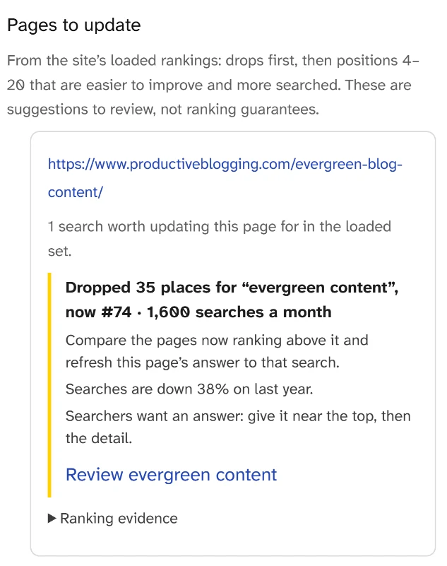 Retained suggestion card from a different result with 290 loaded keywords, showing evergreen content at position 74.