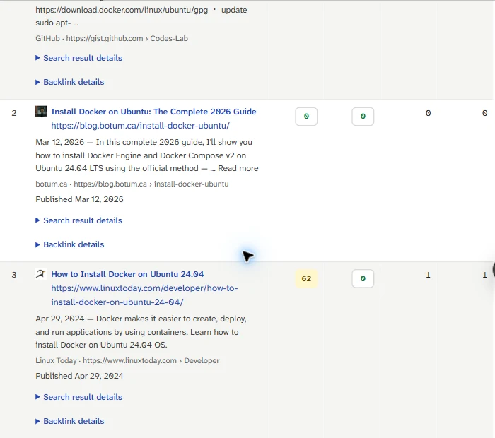 Results 2 and 3: Install Docker on Ubuntu: The Complete 2026 Guide, published Mar 12, 2026, and How to Install Docker on Ubuntu 24.04, published Apr 29, 2024.