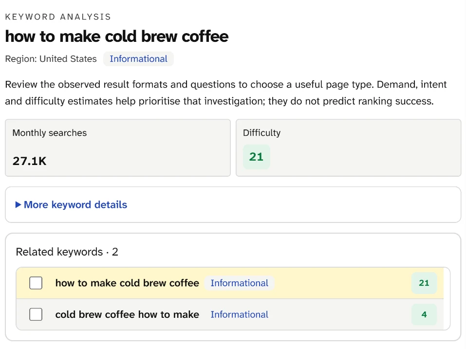 Keyword analysis for how to make cold brew coffee: Informational, 27.1K monthly searches, difficulty 21, two related keywords.