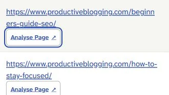 SearchCub Pages row showing Productive Blogging's wrapped beginners-guide-seo URL and its Analyse Page link.