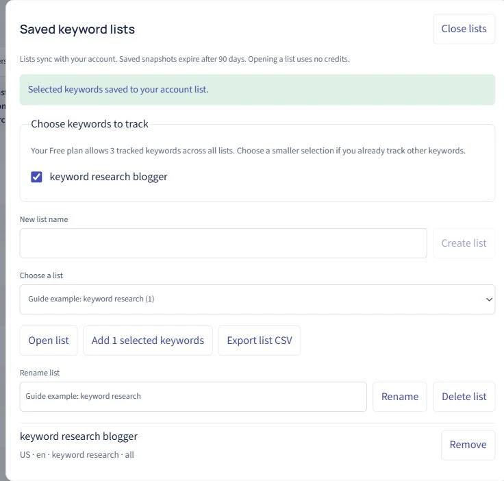SearchCub saved keyword list containing keyword research blogger, with export and add-selection controls.
