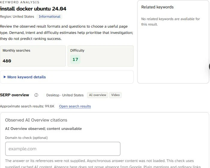 Keyword analysis for install docker ubuntu 24.04: Region United States, Informational, Monthly searches 480, Difficulty 17, then the SERP overview.