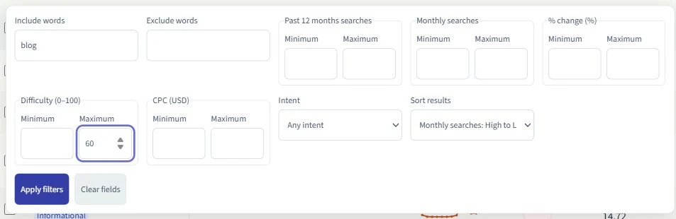 SearchCub filters using blog in Include words and a maximum difficulty of 60.