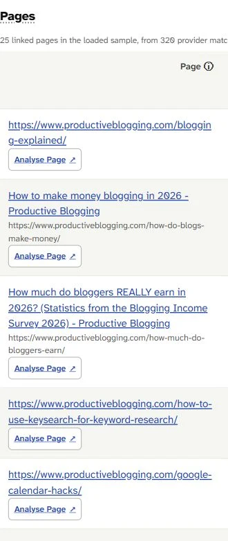 SearchCub's narrow Page column with Productive Blogging's earnings article among several existing page identities.