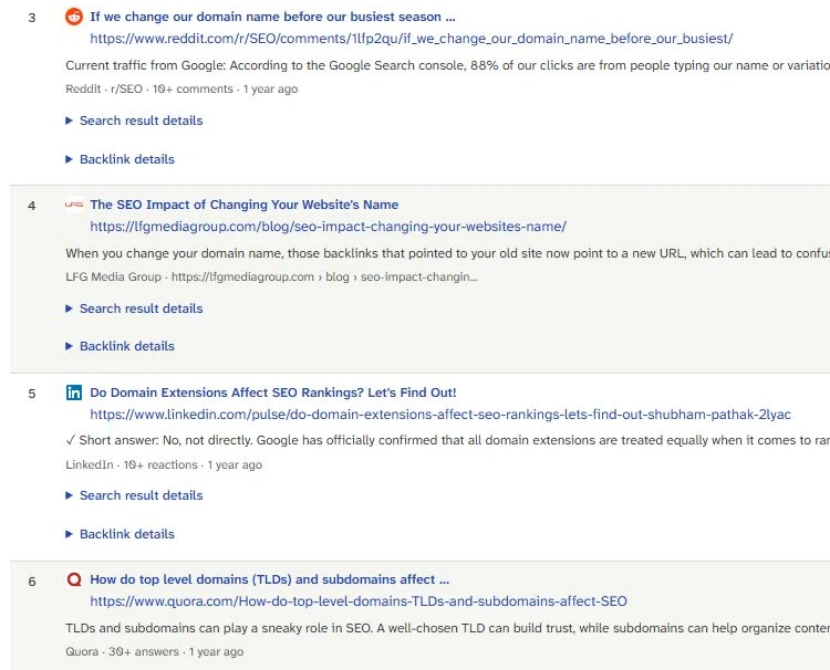 Results 3 to 6 for does domain name affect seo: a Reddit r/SEO thread, an article, a LinkedIn post and a Quora question.