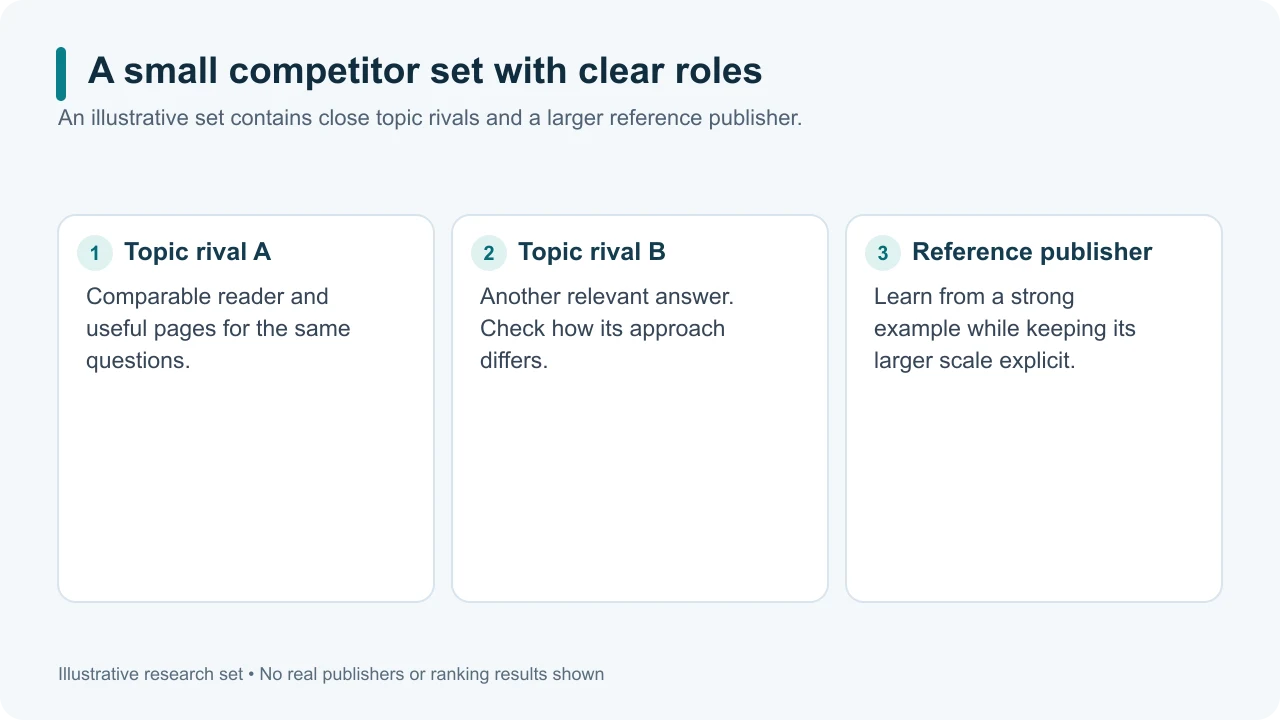 A sample research set distinguishes close topic rivals from a larger reference publisher.