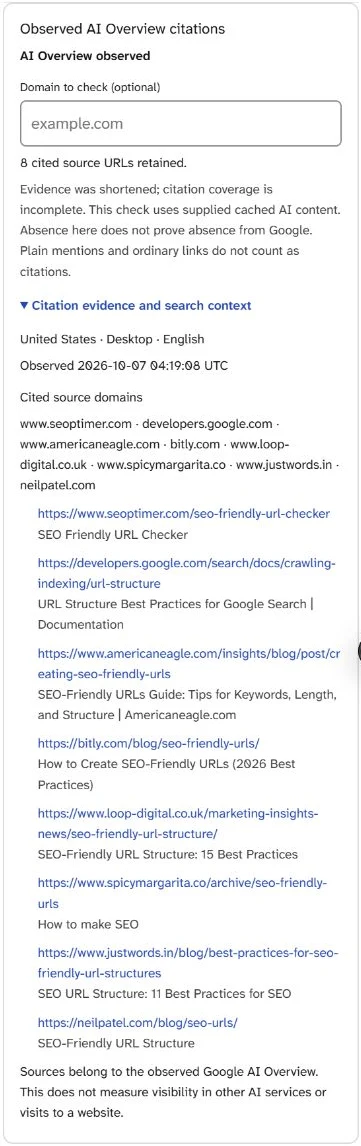 SearchCub's expanded citation panel for the recorded seo friendly url result, showing source URLs and observation context