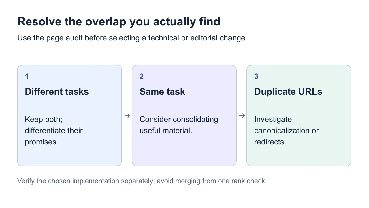 A decision tree selecting differentiation, consolidation or a duplicate-URL investigation.